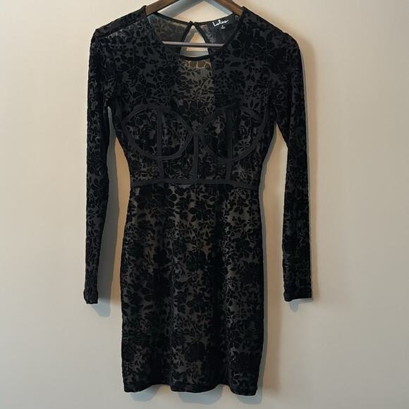 LULUS BLACK BURNOUT VELVET FLORAL PRINT LONG SLEEVE DRESS SIZE SMALL - Picture 4 of 8